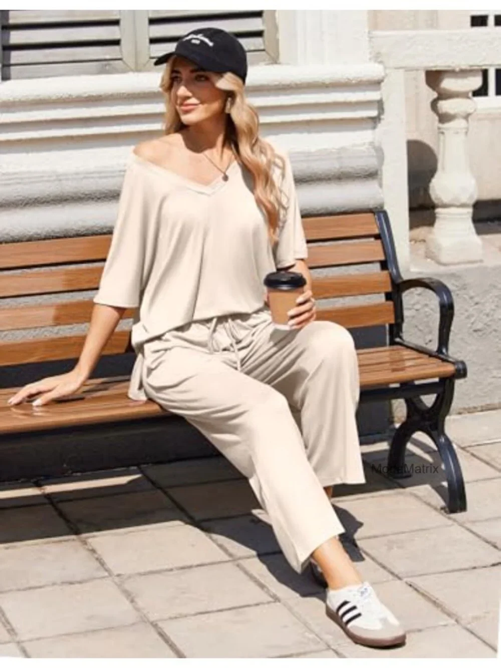Comfy V-Neck Short Sleeve Lounge Set with Drawstring Pants for Women_2